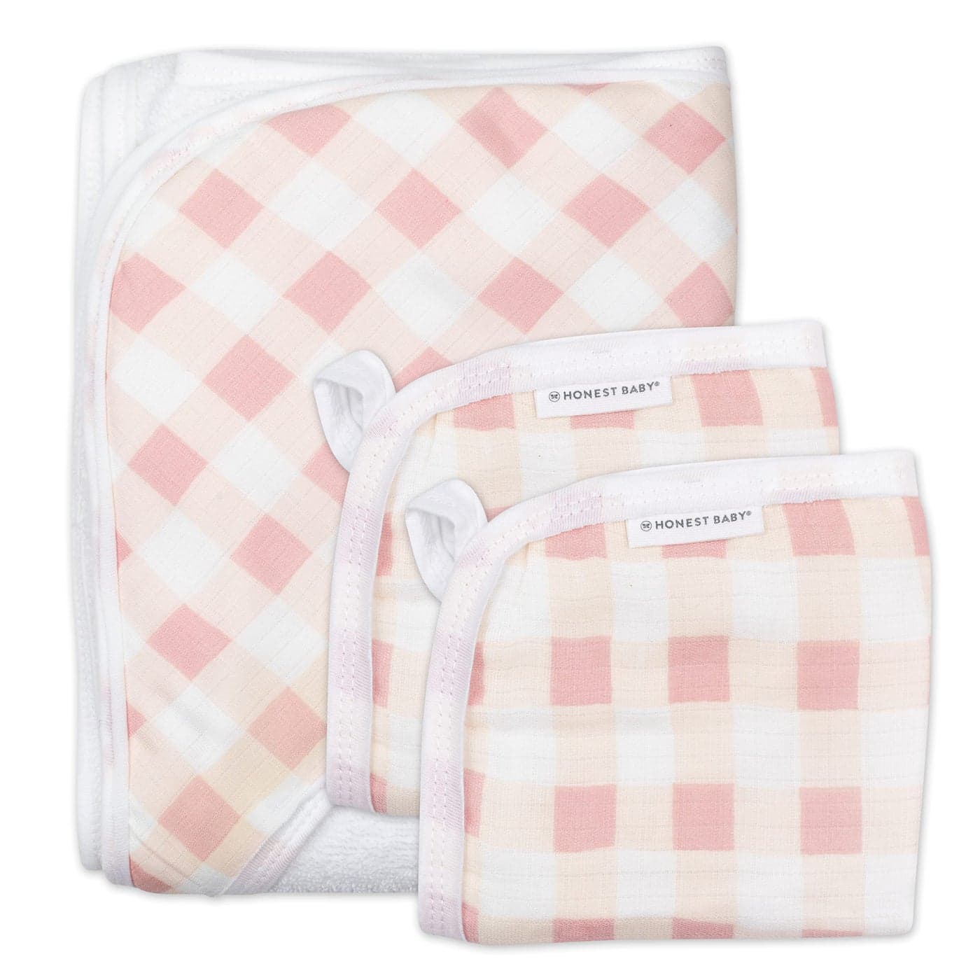 HonestBaby 3Piece Organic Cotton Hooded Towel Washcloth Set Peach Skin Painted Buffalo Check One Size