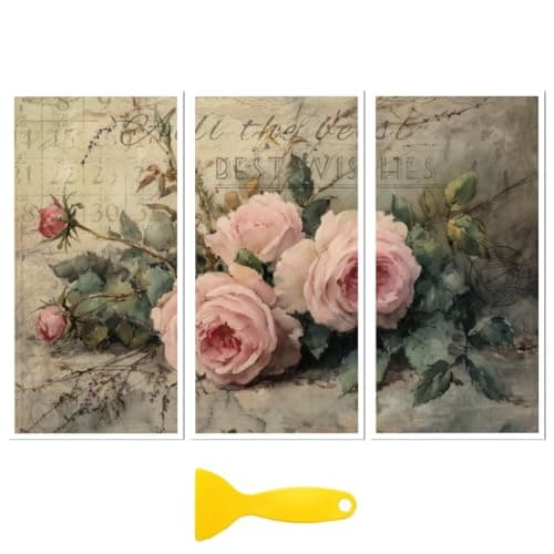 Peacoblue Rub on Transfer Decal Sticker for Furniture Craft Decor 6x12 Retro Rose 3Pcs Waterproof UV DTF Transfer for Drawer Dresser Glass Porcelain Wood Plastic
