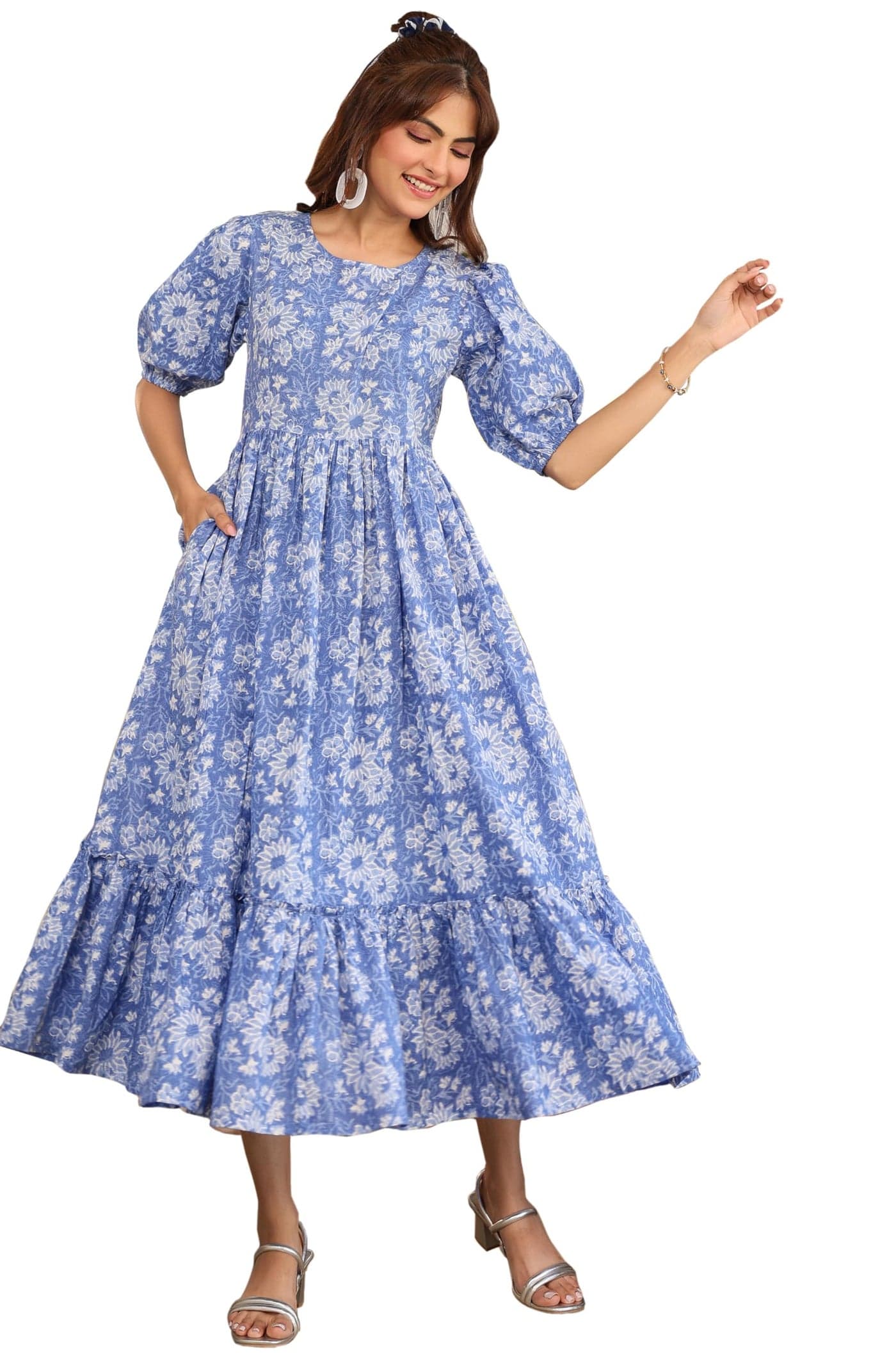 Janasya Women's Blue Pure Cotton Floral Printed Tiered Dress (JAA25DR01120-2XL)