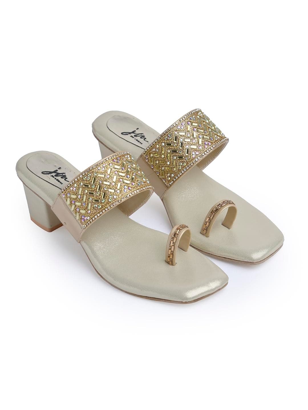 JM LOOKS Women's Embellished Ethnic Heels Sandal with Toe Ring Design Comfortable Lightweight Heels for: Weddings, Festive Occasions - Gold