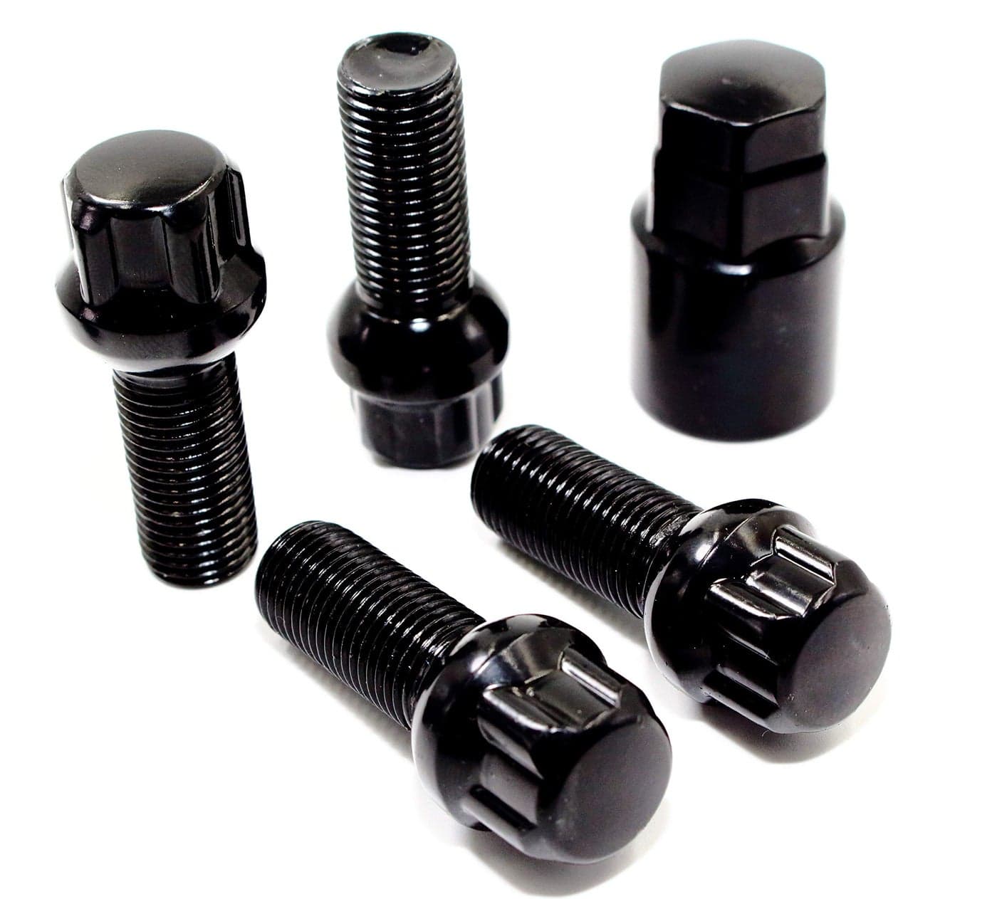Set of 4 Veritek 14x1.5mm 2.10 Inch 28mm Shank Length 19mm 21mm Key Hex R12 OE Black Ball Seat Wheel Bolt Locks for Mercedes Audi VW Volkswagen Factory Wheels
