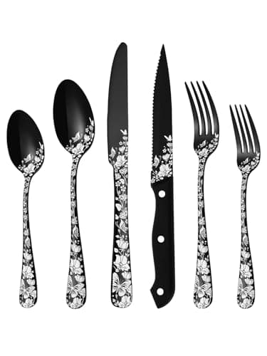 Stapava 24 Pcs Black Silverware Set with Steak Knives for 4 Stainless Steel Flatware Cutlery Set Include Forks Spoons and Knives set Mirror Polished Dishwasher Safe Utensils for Home Restaurant