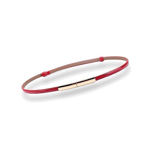 Women's Belt Dress Fashion Patent Leather Belts Adjustable 22"- 36" Skinny Slim Belt Genuine Leather Gold Color Buckle Waistband, Red