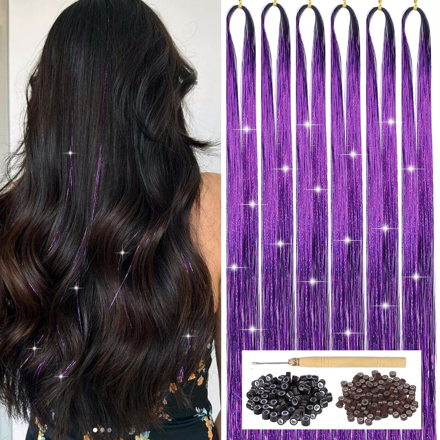 Purple Hair Tinsel Kit with Tool 6pcs 1200 Strands Glitter Tinsel Hair Extensions Heat Resistant Sparkling Shiny Fairy Hair Accessories for Women Girls Kids 47Inch