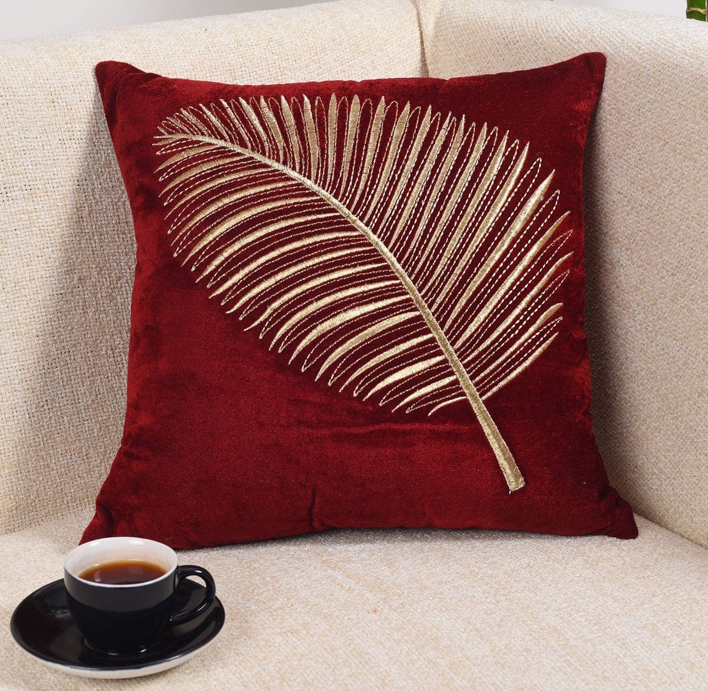 Decoghar Maroon Handmade Sofa Cushion Cover | Golden Zari Leaf Embroidered Square Throw Pillow Cushion Cover | 18 X 18 inch | Pack of 1