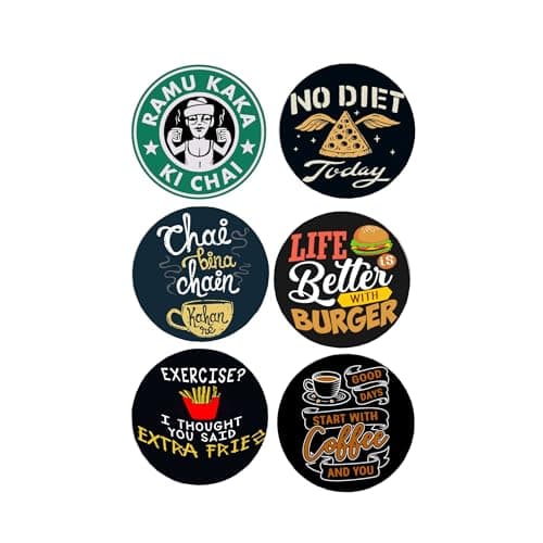 TAJNAN Printed Coaster Set of 6 Beautiful Wooden Coasters Plastic Coating Designer Coaster Stand Set Fit for Tea Cups,Coffee Mugs & Glasses (Round 4x4 Inch) (TAJ-Round-Coaster-NO Diet)