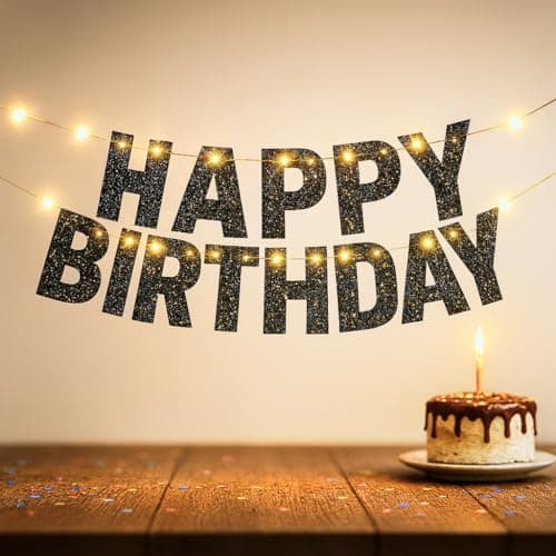 KatchOn, Glitter Black Happy Birthday Banner Light Up - Prestrung, 10 Feet | Light Up Happy Bday Sign | Happy Birthday Decorations for Men, Women, Boys, Girls | Halloween Birthday Party Decorations
