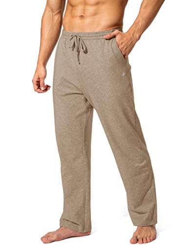 Pudolla Men's Cotton Yoga Sweatpants Athletic Lounge Pants Open Bottom Casual Jersey Pants for Men with Pockets (Khaki Medium)
