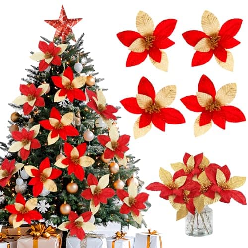 BAOTUJIA 11.81 inch Big Christmas Poinsettias Flowers Decoration Artificial Flowers for Christmas Tree Ornaments, Suitable for Home Xmas Decorations Items Wreath Making Red and Gold