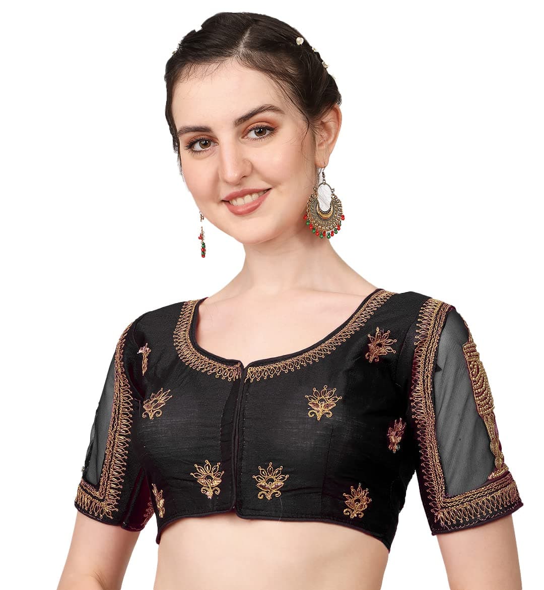 Pujia Mills Women's Multicolor Temple Embroidery Net Back Sequence Khatli Work Sleeves Design Phantom Silk Readymade Saree Blouse (Temple blouse_Black_38 Size+Margin)