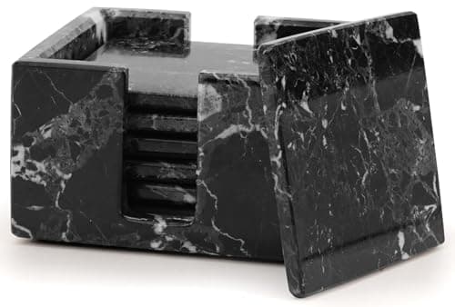 Marble Coasters Set of 6 Black 3.5 Inch Square Coaster for Drinks with Holder, Drink Coaster for Tabletop & Coffee Table Decor, Ideal Home Decor House Warming Gifts