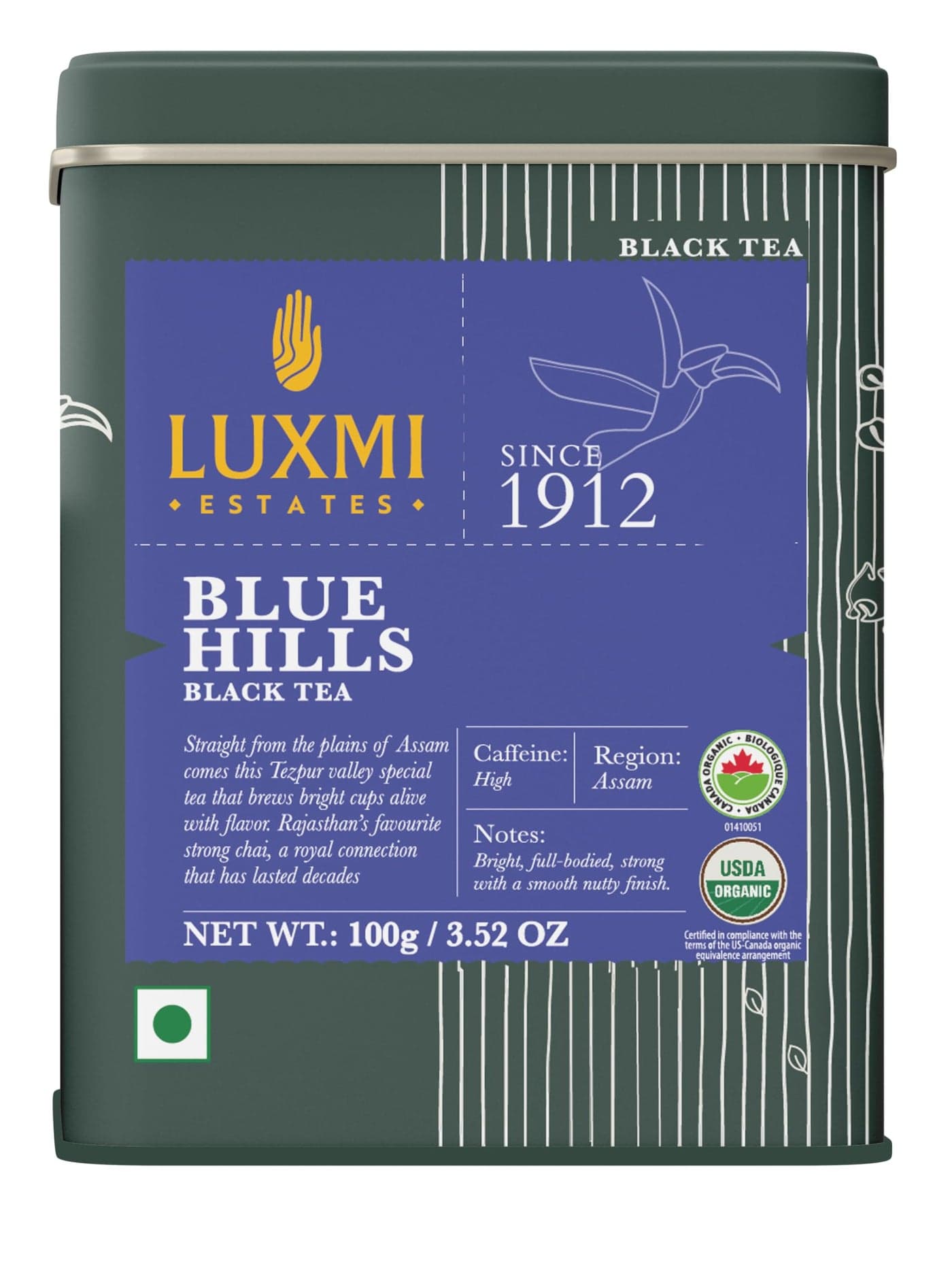 Luxmi Estates Blue Hills Black Tea Blend 100gm Pack | Organic Black CTC Tea | 50 Cups | Jodhpur Blend | Best For Milk Chai | Premium CTC Blended Chai With Leaf | Strong Assam Flavour | 100% Natural Teas