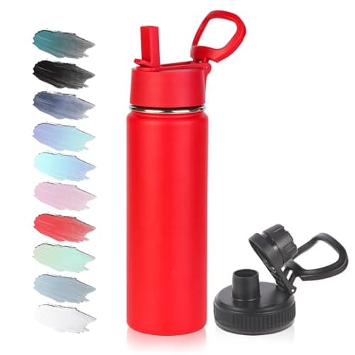 Volhoply 20oz Insulated Stainless Steel Water Bottle with Straw Lid, Kids Wide Mouth Double Wall Vacuum Cups with Handle,Reusable Outdoor Sports Metal Bottles,Travel Flask Keep Cold&Hotd(Red,1)