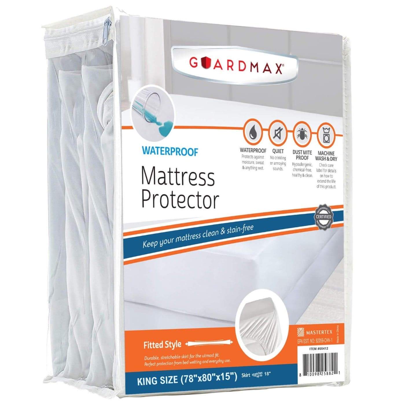Guardmax King Waterproof Mattress Cover - Fitted, Soft and Noiseless Mattress Protector - Protects Mattresses from Moisture and Sweat - King Size (78x80x15)