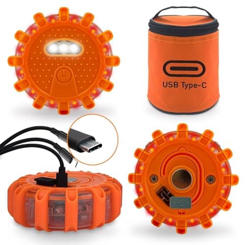 Ecoangel USB-C Rechargeable LED Road Flares Emergency Lights-Large Capacity (Lithium Battery) 3 in 1 Cable Roadside Warning Car Safety Beacon Flashing Disc Flare Kit with Magnetic Base for Vehicles