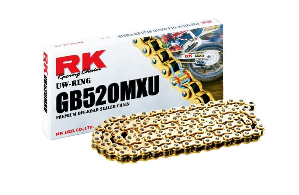 RK Racing Chain GB520MXU-110 (520 Series) Gold 110 Link Extreme Performance Narrow Clearance Off-Road and ATV UW-Ring Chain with Connecting Link