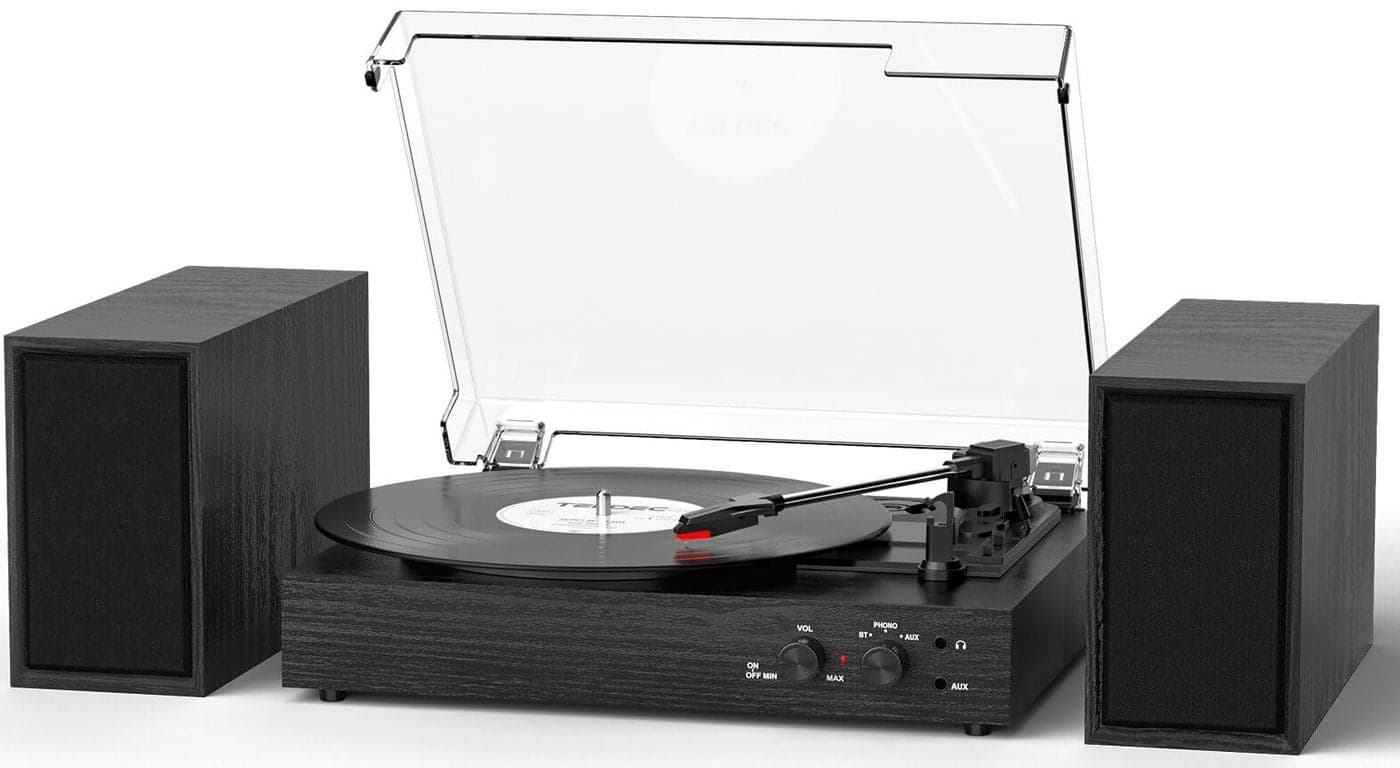 Vinyl Record Player with External Speakers, Vintage 3-Speed Turntable with Dual Speakers, Bluetooth Music Playback, MP3 PC Encoding, AUX Input Headphone Jack and RCA Out, Black Wood