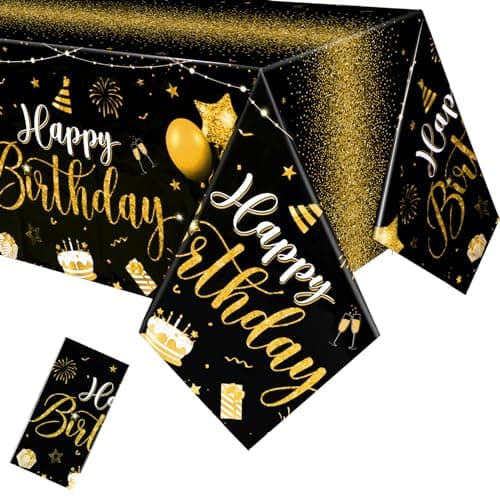 Tudomro 3 Pcs Happy Birthday Tablecloths Happy Birthday Party Decorations Plastic Table Cover Rectangular Cloths for Women Men Baby Shower Party Supplies 108 x 54 Inch Black Gold