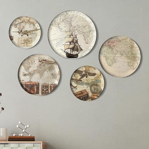 Dessine Art Vintage Antique Travel Plates – Set of 5 | Metal Decorative Wall Art for Living Room, Bedroom & Office | Retro World Map Vintage Wall Decor | Stylish Home Decoration Plates