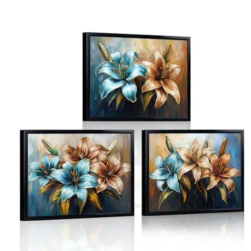 LevvArts Floral Wall Art Lily Flowers Painting Canvas with Black Frame Teal Brown and Gold Bathroom Wall Decor