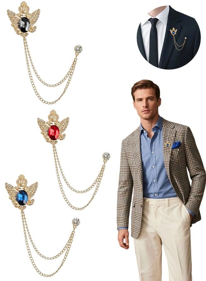 3Pcs Crystal Men's Brooch & Suit Pin Badge with Chains, Collar Lapel Pins & Metal Clips, for Men & Women, Shirt Decoration, Tuxedo, Tie, Hat & Scarf