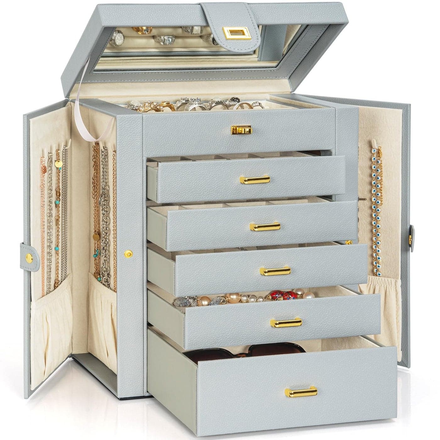AKOZLIN Large Jewelry Box Organizer Functional Lockable with Big Mirror Leather Jewelry Storage Case for Women Girls Ring Necklace Earring Bracelet Holder Organizer Grey