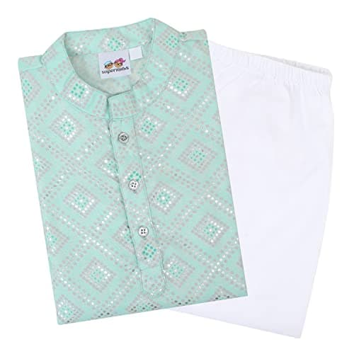 superminis Boys Silver Foil Printed Cotton Kurta, Round Collar, Full Sleeves With White Pyjama, Kurta Set (Sky Blue, 7-8 Years)