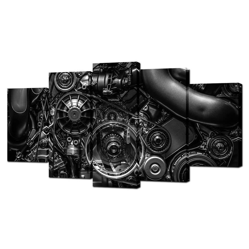 VVOVV Wall Decor 5 Piece Canvas Prints Engine Engineering Closeup Gear And Chain Black And White Photos Wall Art Modern Home Decor Stretched and Framed Ready to Hang60inchx32inch