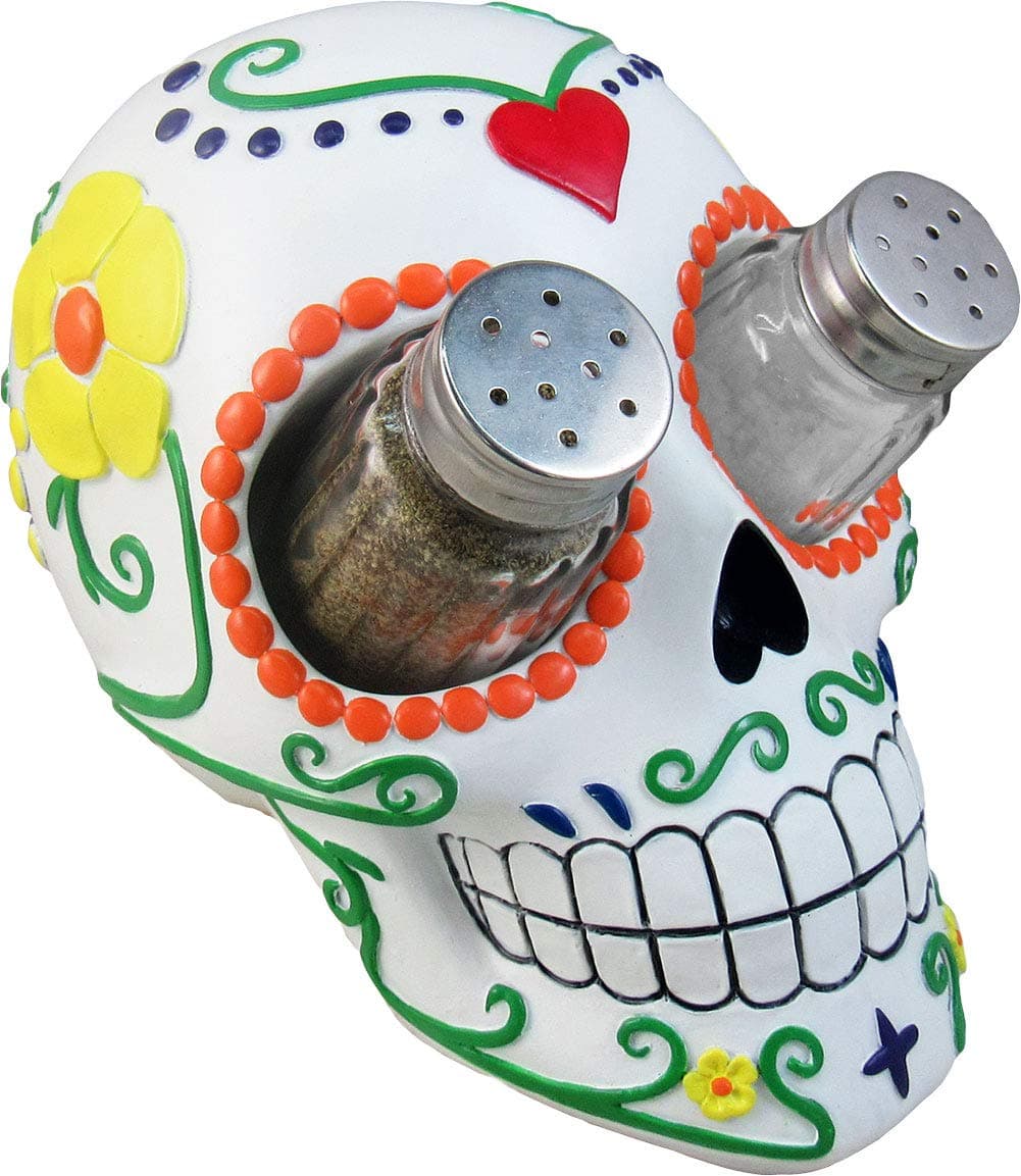 DWK 7-inch Sugar 'N' Spice Hand Painted Day of the Dead Dia de Los Muertos Sugar Skull Salt and Pepper Shaker Kitchen Dining Set