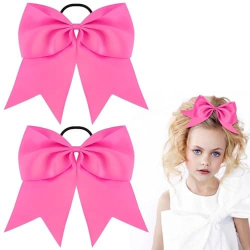 KICOSY 2 Pack Hot Pink Jumbo Bow Hair Ties Big Cheer Bows for Ponytails Pigtails Cute Hairstyles Elastic Hair Bands for Girls