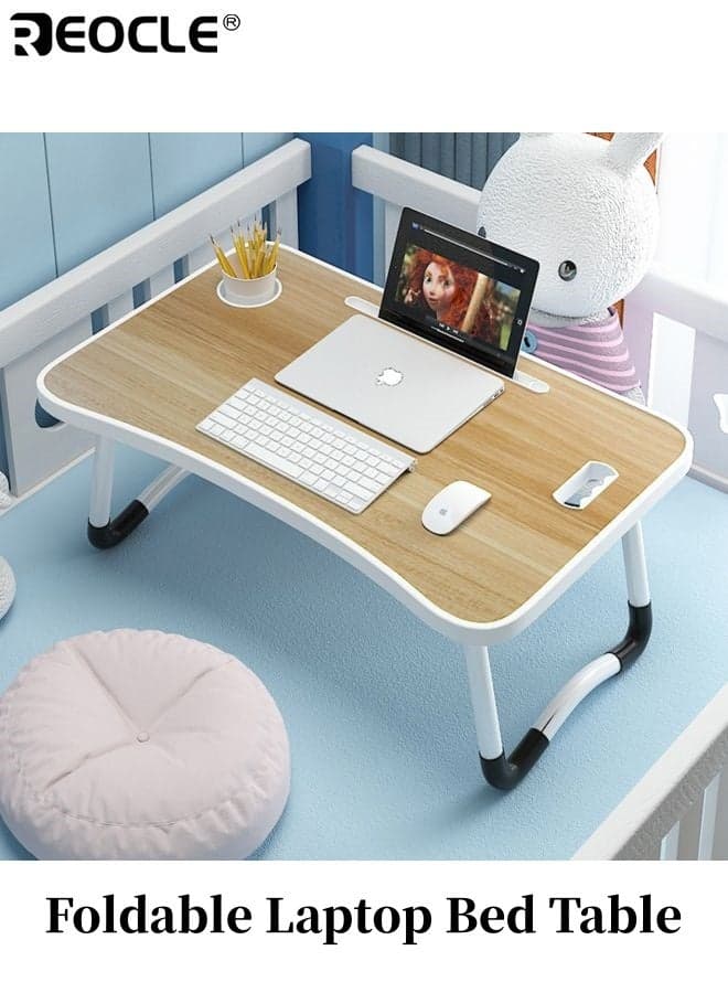 Foldable Laptop Bed Table with USB Charge Port and Cup Slot Design Portable Notebook Desk with Handle and Card Slot for Eating Reading Working Use
