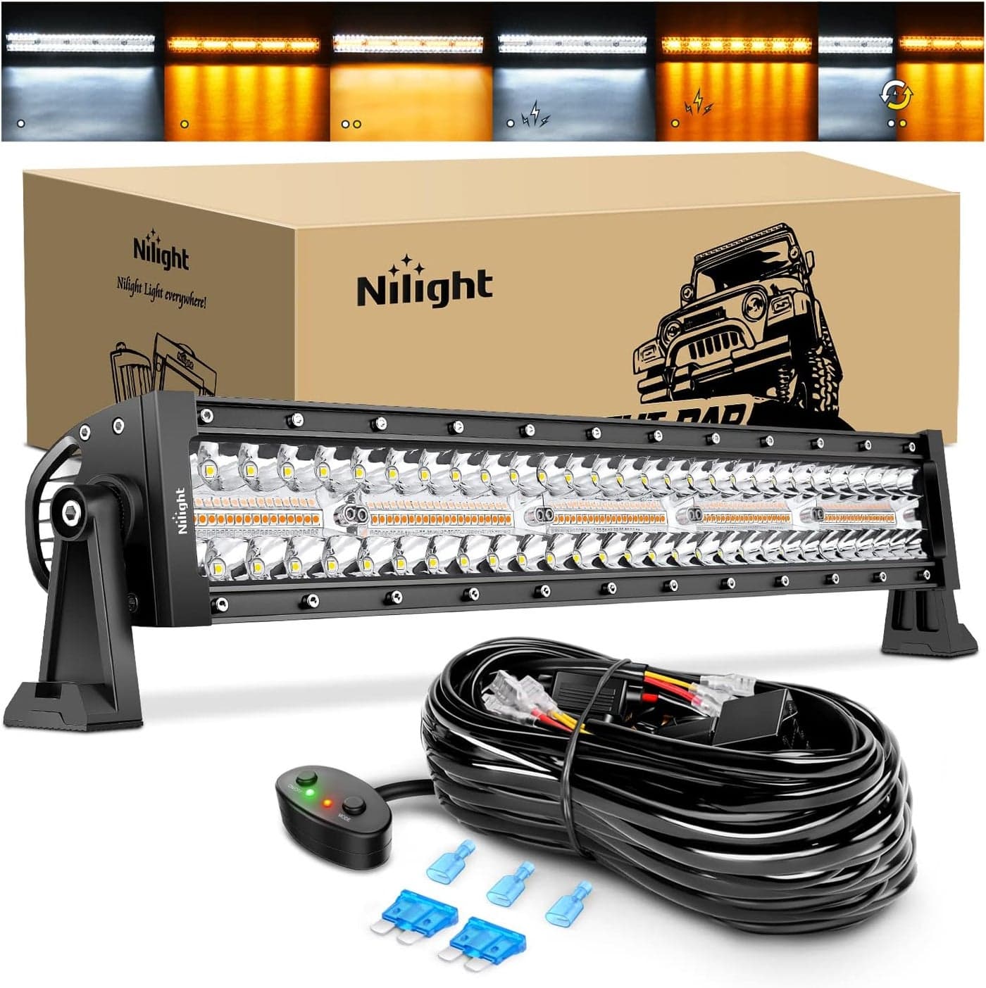 Nilight 22 Inch 480W LED Light Bar with 6 Modes and Wiring Harness Kit