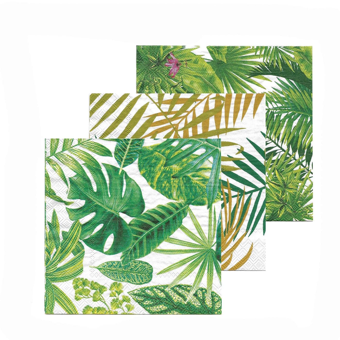 The Palm Leaf Napkins 3 Packs of 20 3 Ply Paper Luncheon Size 6 34 x 6 34 Inches 3 Vibrant Patterns Palms and Leaves Palm Fronds and Green Leaf and Purple Blossoms