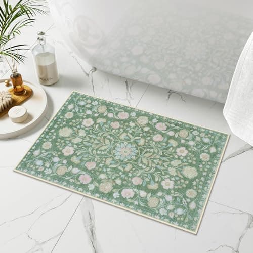 Uphome Green Bathroom Rug Distressed Boho Bathroom Mat Soft Plush Machine Washable Bath Mat NonSlip Vintage Floral Small Bath Rug for Sink Tub Toilet 18x26 inch