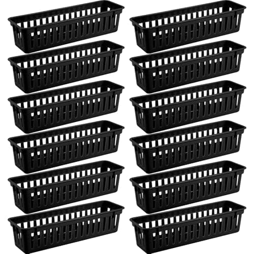wlilupah 12 Pcs Black Slim Plastic Storage Baskets Tray 10 x 3 x 25 Inch Compact Stackable Desk Organizer for Office Classroom School Supplies and Home Storage OrganizationBlack