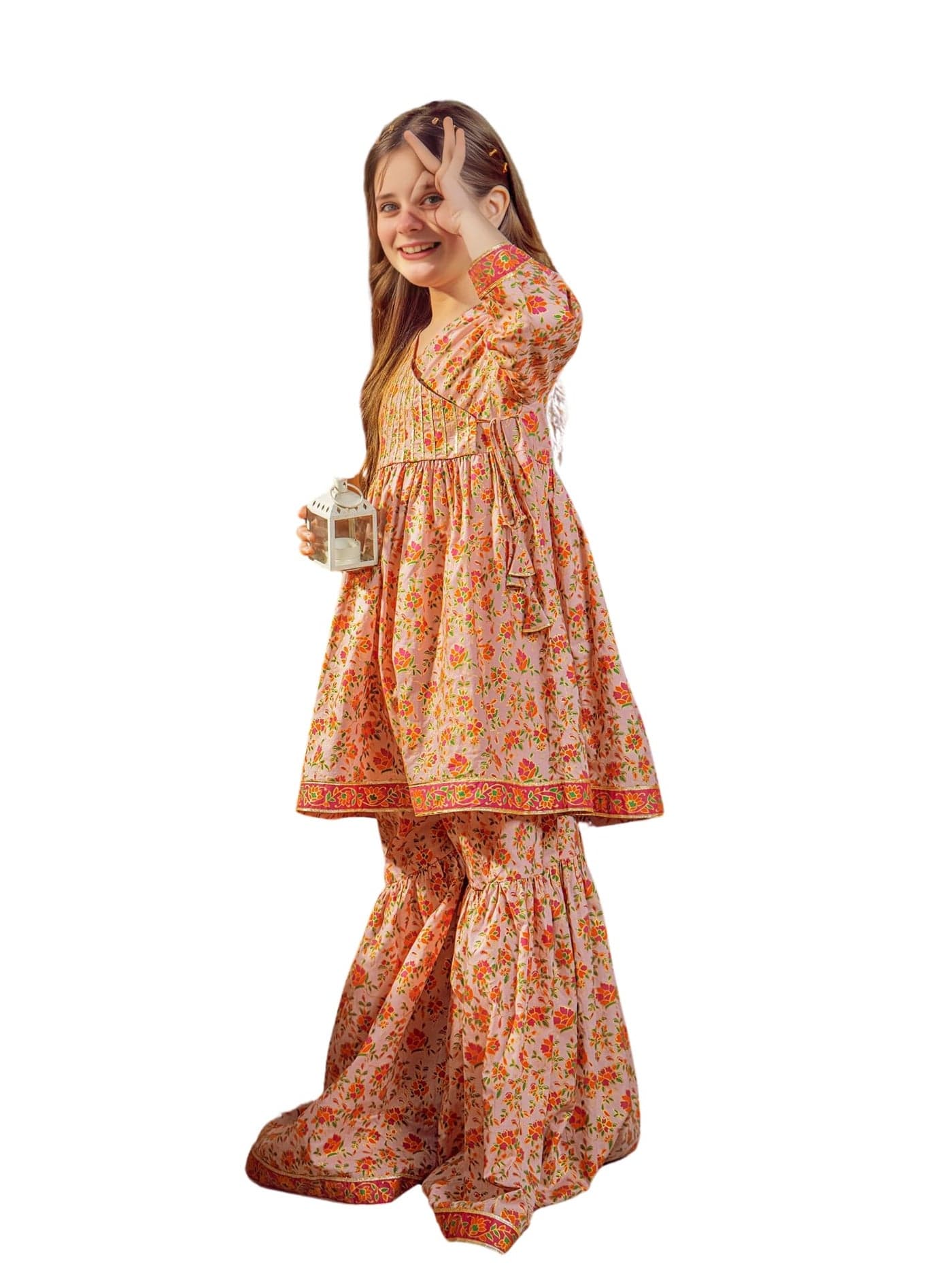 Naixa Girls Orange Rayon Round Neck 3/4 Sleeve Floral Printed Flared-Fit Kurta and Sharara with Dupatta Set | latest Floral Designer Printed Salwar Suits Set With Dupatta for Girls (SE40_9-10 Year)