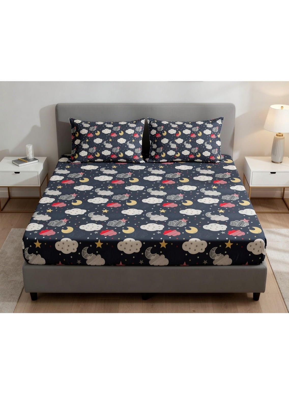 3-Piece King Size Fitted Bedsheet Set – 180 TC Premium Printed Fitted Sheet with 2 Pillowcases (200x200x20 cm)