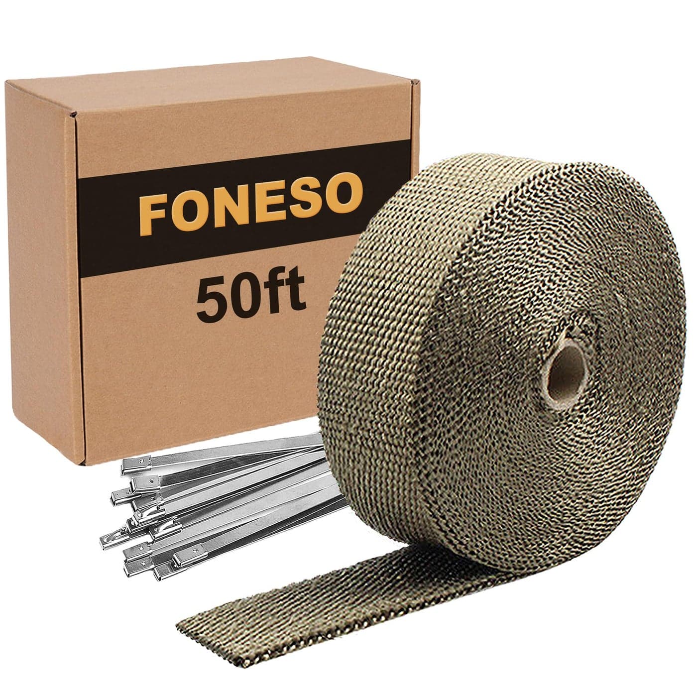 Foneso Exhaust Heat Wrap 2in x 50ft Titanium Exhaust Muffler Tape Fiberglass Heat Shield Header Wrap for Car Motorcycle Pipes with 12 Pcs Stainless Steel Ties