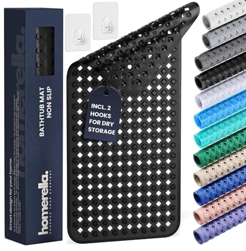 Bathtub Mat Non Slip 35x16 - homerella® Bath Mat Incl. Hooks for Drying, Extra Long, 100% BPA Free, Shower Mat Non Slip Anti Mold, Machine Washable, Shower Mats for Inside Shower Mildew Resistant