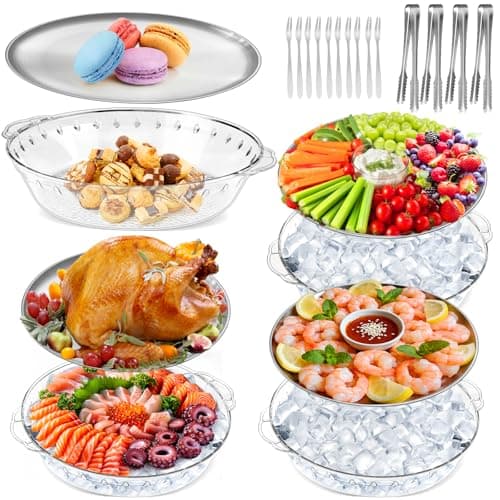 FRUIID Chilled Serving Tray 4-Pack, 11.8" Compartment Charcuterie Board with Clips & Forks for Parties, Keeps Food Cold for Vegetable Fruit, Cheese, Seafood Shrimp Cocktail Serving Dish