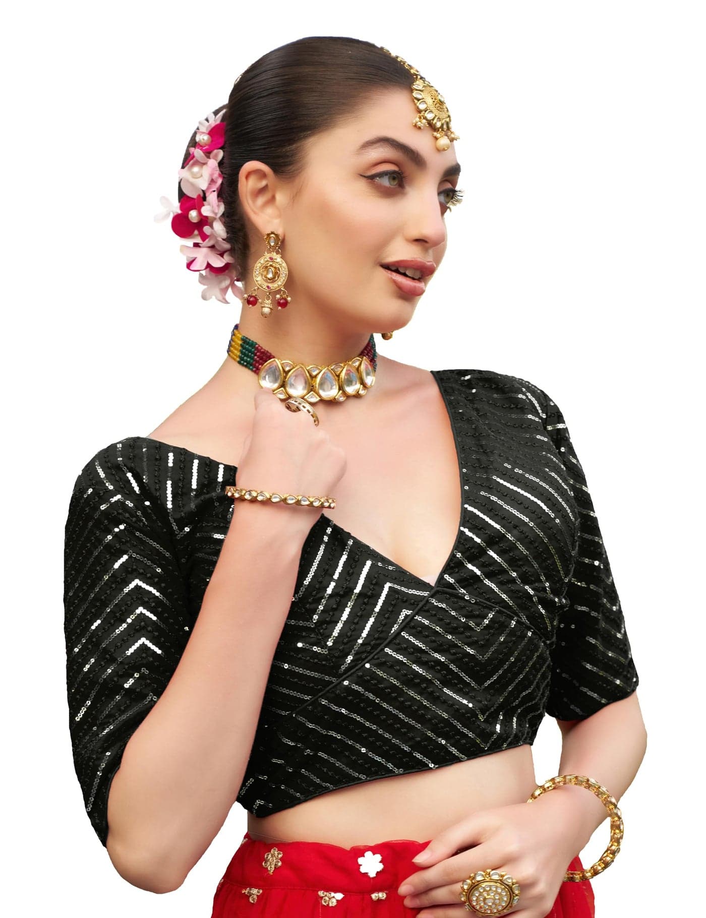 Pujia Mills Womens Fancy Readymade Half Sleeve Sequins Saree Blouse(Sequins Butti Black_38)
