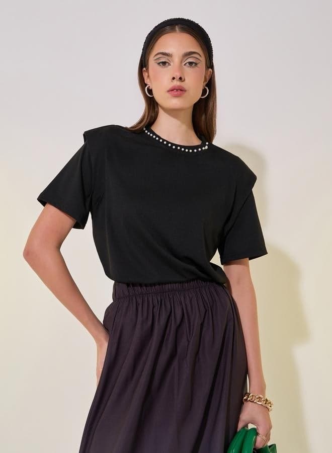 Faux Pearl Embellished Round-Neck T-Shirt