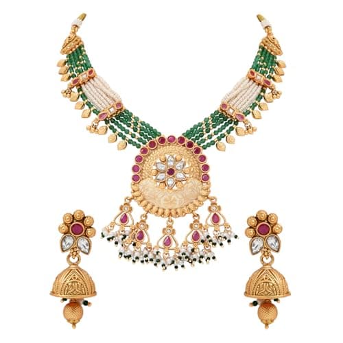 I Jewels Gold Plated Traditional Antique Brass Floral design Pearl Necklace With Jhumki Earring Jewellery Set for Women (Green)