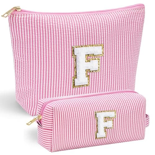 YOOLIFE Makeup Bag for Women, Personalized Initial Cute Makeup Pouch for Girlfriend Bridesmaid Wife | Cosmetic Travel Toiletry Bag for Friend Female Sister | Birthday Gift Idea for Her Mom Pink F
