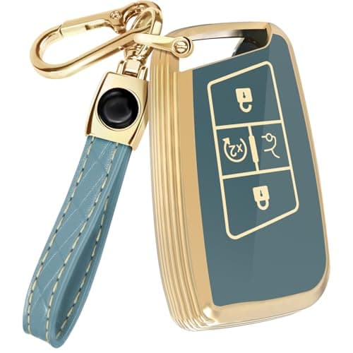 Lucrum Compatible with Volkswager Key Fob Cover Leather Keychain Keyfob Case for VW Arteon Atlas Jetta Taos Golf Tiguan Passat 20182024 Blue and Gold