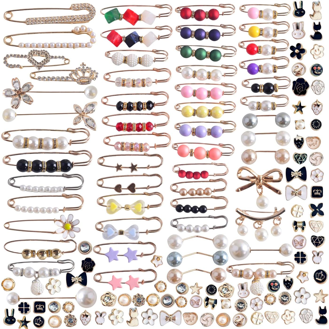 Charms for Socks 140pcs Brooches and Pins for Women Brooch Pins Button Pins Rhinestone Pearl Bling Gold Junk Sock Jewelry Charms Brooch Pins Bulk Decorative Safety Pins for Shoes Clothes Hats Pant