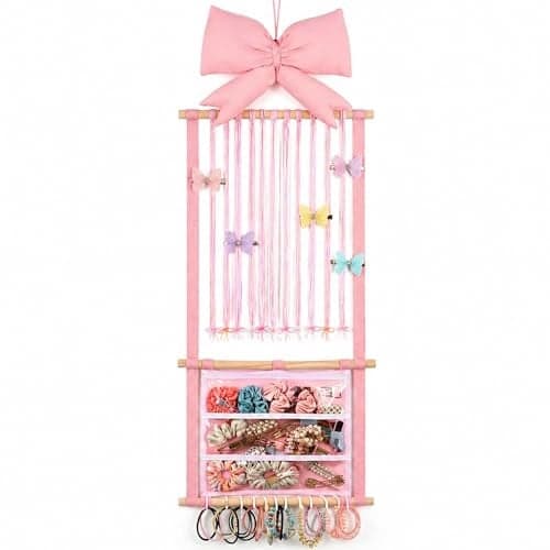 Suncalla Pink Hair Bows Holder Headband Organizer for Girls Long Baby Hair Clips Accessories Display Storage Hanging Wall Decor with Hooks Gift for Christmas Nursery Toddler Girls Room
