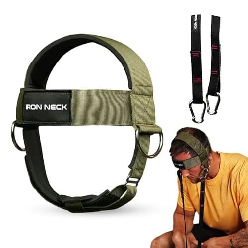 Iron Neck Neck Trainer, Exerciser, & Strengthener with Adjustable Head and Chin Strap - Portable Head Harness for Weight Lifting, Home, & Gym Use - Exercise & Workout Equipment (Classic, Olive Green)