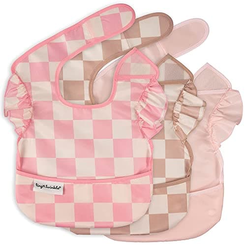 Tiny Twinkle Mess Proof Baby Bibs for Eating – Waterproof, Wipeable Toddler Bibs with Pocket – Baby Food Bibs for Girls & Boys(3 Pack,Checkers Girl)