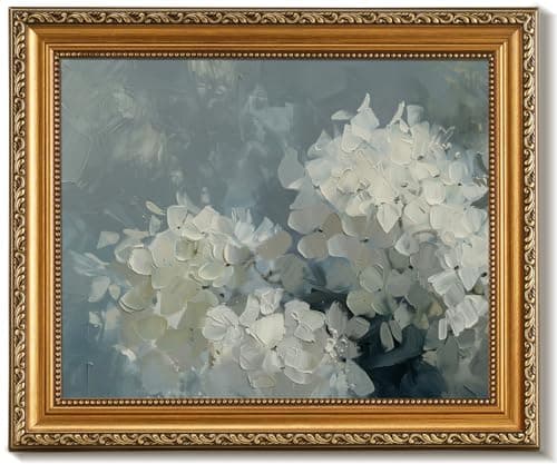uniro Vintage Gold Framed Wall Art for Home Decor Retro Blue Hydrangea Flower Canvas Art Prints Artwork Aesthetic Bedroom Wall Art Easter Floral Wall Decor French Country decor Spring Botanical Oil Painting Picture for Bathroom Gallary Living Room Office Desktop Decor 8x10Inch